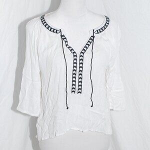 Timing Womens Medium BOHO Top White Black Shirt Hippie Vneck Oversized 18"P to P